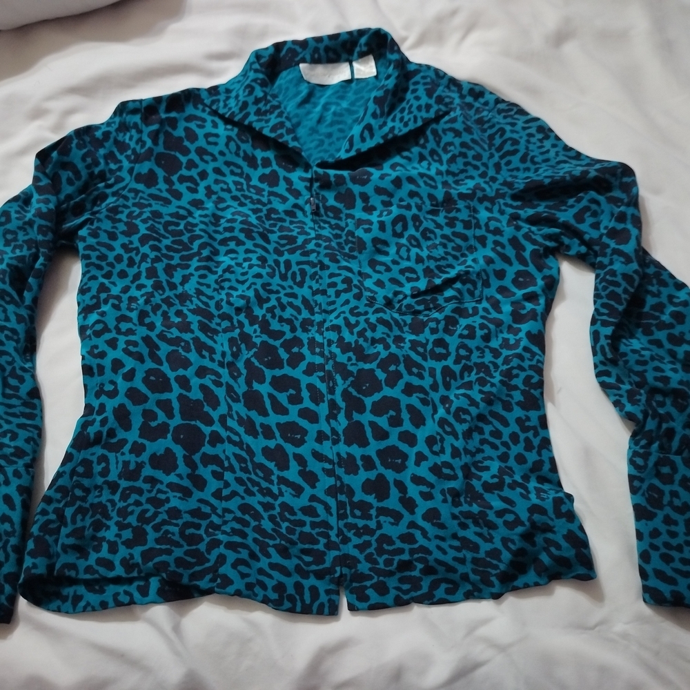 Dana Buchman 100% Silk Leopard Print Womens Blouse Leopard Print Turquoise Black